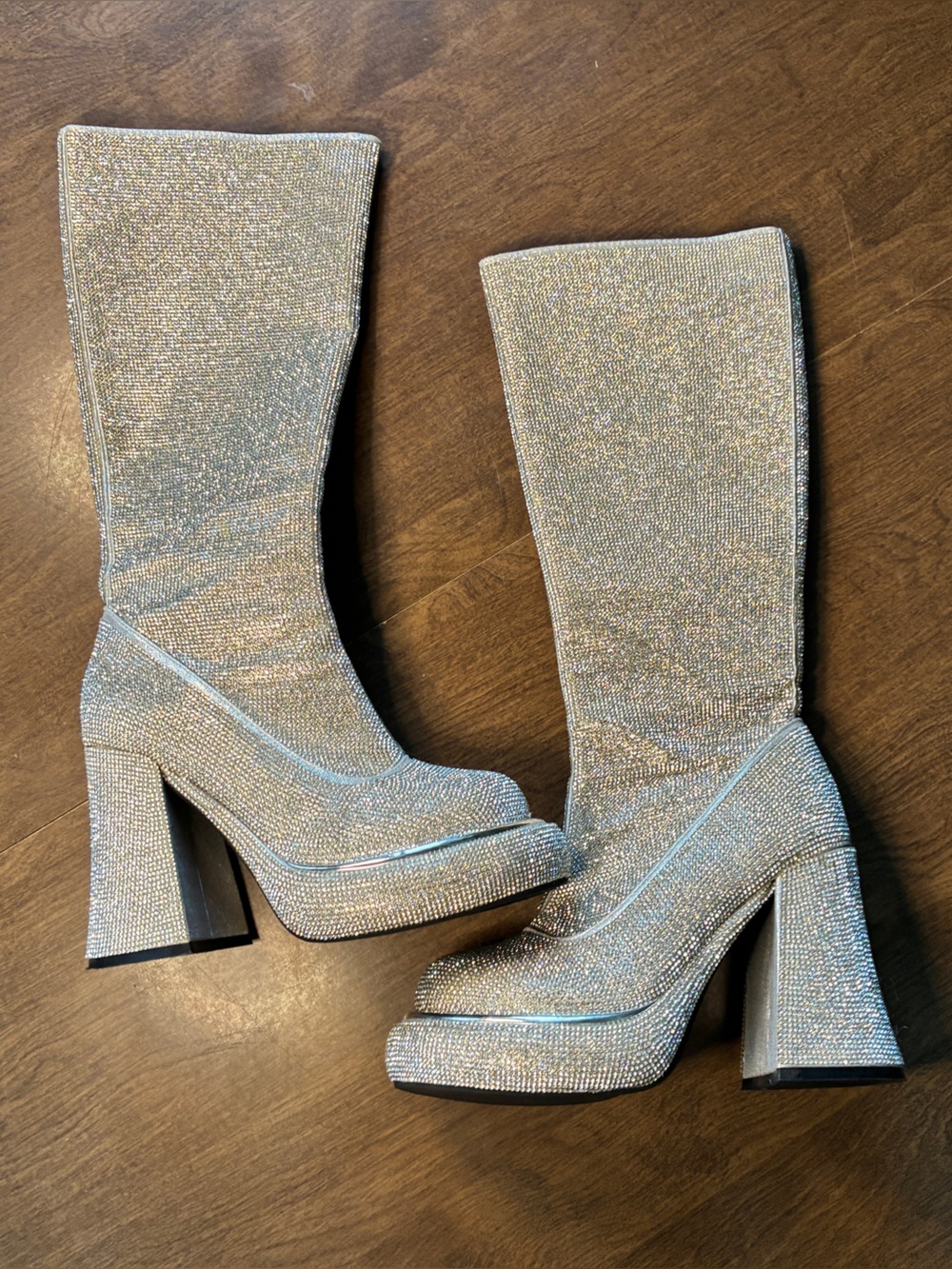 Sugar Thrillz Make My Debut Rhinestone Buckle Platform  Boots Silver 6M